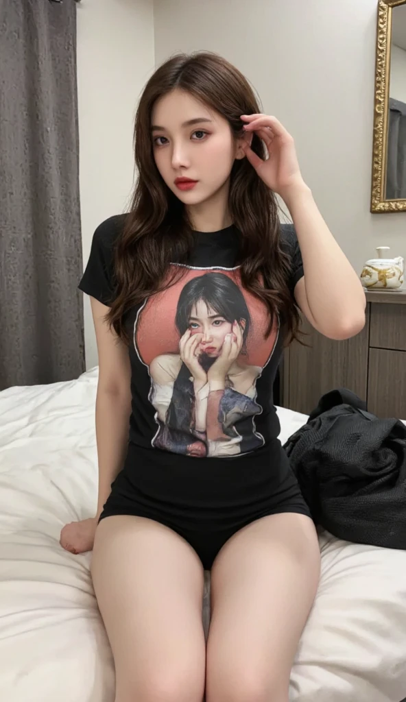 Bright lighting,Iridescent Reflection,locker room,(Highest quality, Very detailed, masterpiece:1.2), 1 female, Very thin body, length, Thin legs, ((Black wavy short hair:1.2)), ((Thick and fluffy bangs)), Very detailedな顔,A faint smile, small, Thin Nose, small thin mouth, Extremely sharply focused eyes, Japanese, Beautiful Face, Realistic eyes, Beautiful and beautiful eyes, Realistic Skin, Beautiful Skin, charm, (Lively Faces), Beautiful Hairstyles,In underwear,(T-Shirts,Panties Panty Pull)