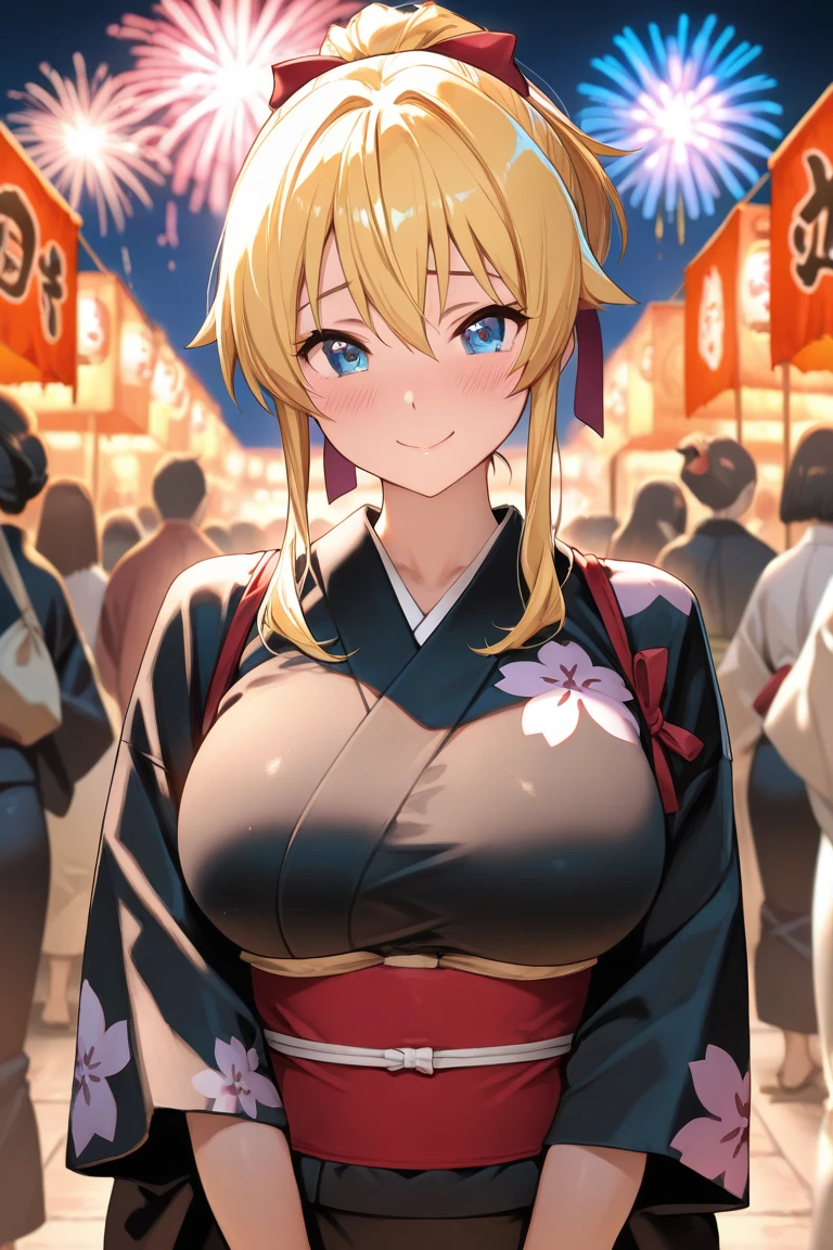 masterpiece, best quality, ultra detailed, detailed eyes, sparkling eyes, nsfw, huge breasts, The image depicts a cheerful anime-style character with a warm and inviting expression. She has blonde hair styled in a loose ponytail with soft curls, adorned with a vibrant red and pink flower accessory on the side. Her blue eyes are large and expressive, contributing to her friendly demeanor, and her cheeks have a slight blush, adding to the overall sense of happiness. The character is dressed in a traditional Japanese kimono, featuring a pink color with white cherry blossom patterns. The kimono is accentuated with a blue obi (belt) that is tied with a golden bow, adding a touch of elegance to her outfit. The background suggests a festive evening scene, with bright fireworks lighting up the night sky and traditional lanterns hanging around. People are visible in the background, further enhancing the lively atmosphere of the scene. Overall, the image captures a joyful and festive moment, with the character's bright smile and traditional attire highlighting the cultural and celebratory elements of the setting.