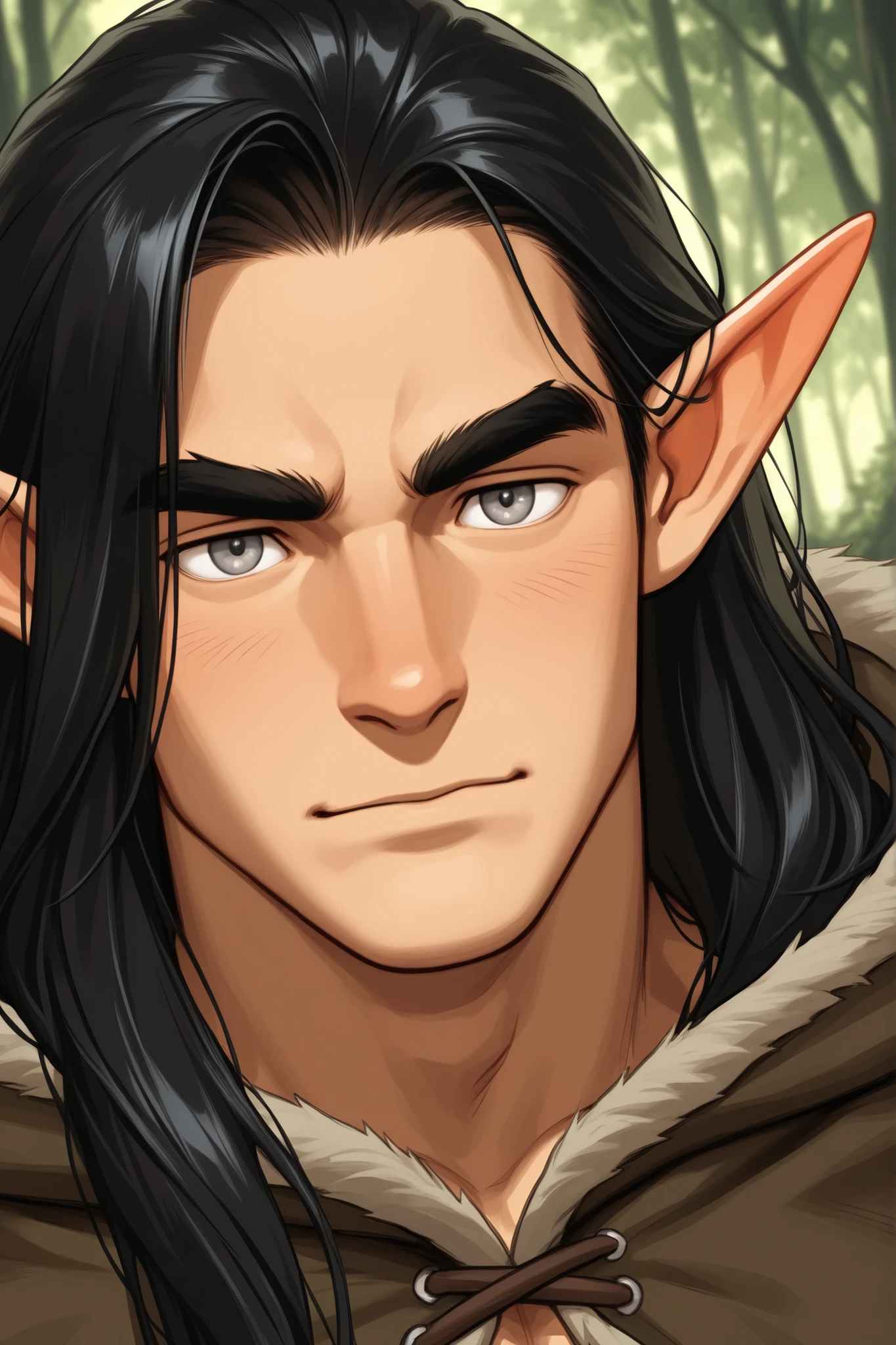 guy; forest elf druid; powerful arthropod magic; black long hair, black thick eyebrows , grey eyes, kind, Cute, are gentle, guy; big bulky bara; dark fantasy; bulky bara