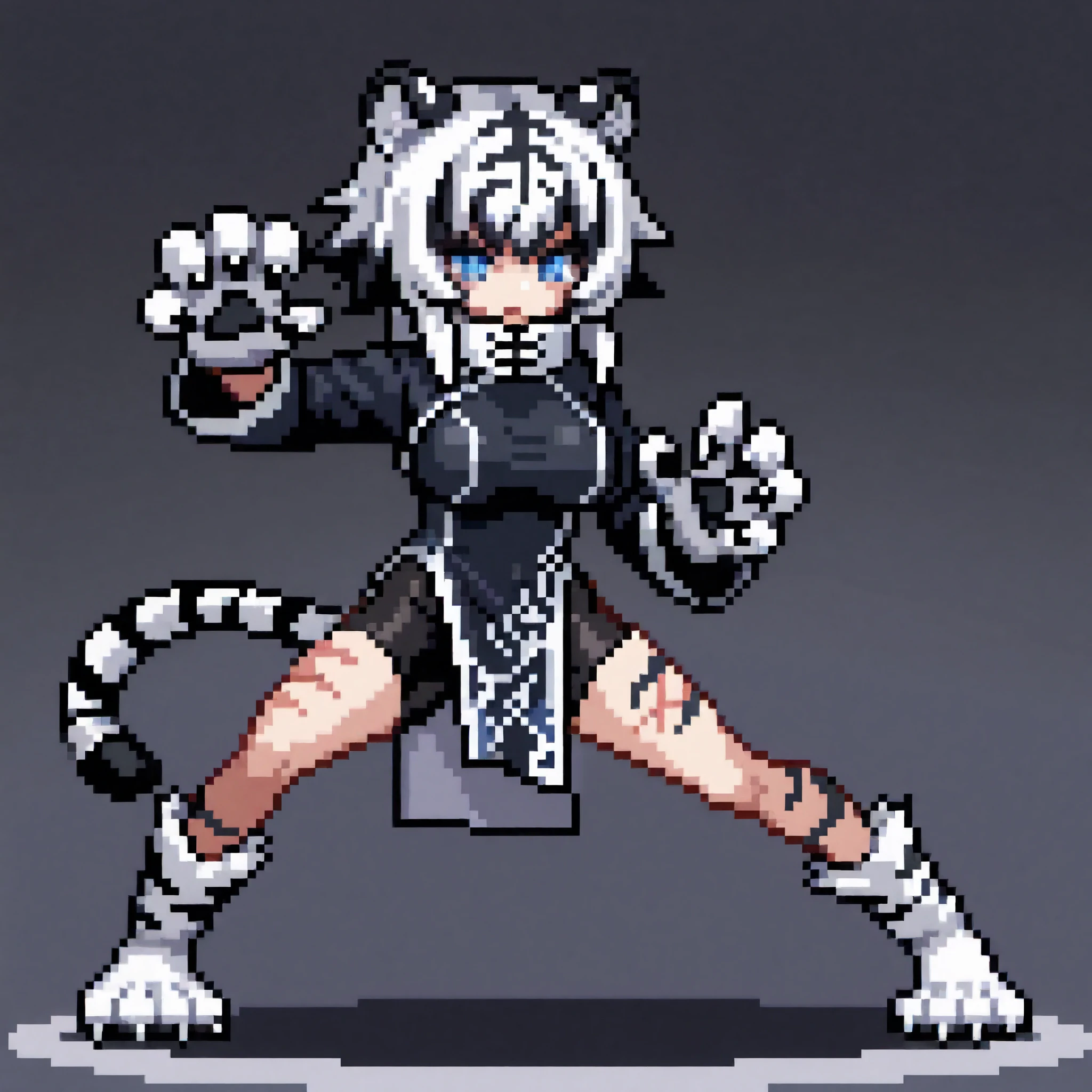 masterpiece, combat stance, breasts, full-body, tiger girl, anime girl, tiger ears, tiger feet, tiger hands, tiger tail, blue eyes, slit pupils, white fur and black stripes, tiger-like markings, voluminous spiky hair with multiple sharp points spreading outward and giving a dynamic wild appearance, long black Qipao with white accents high collar side slit, black bike shorts, legs tiger marks, arms tiger marks, no background