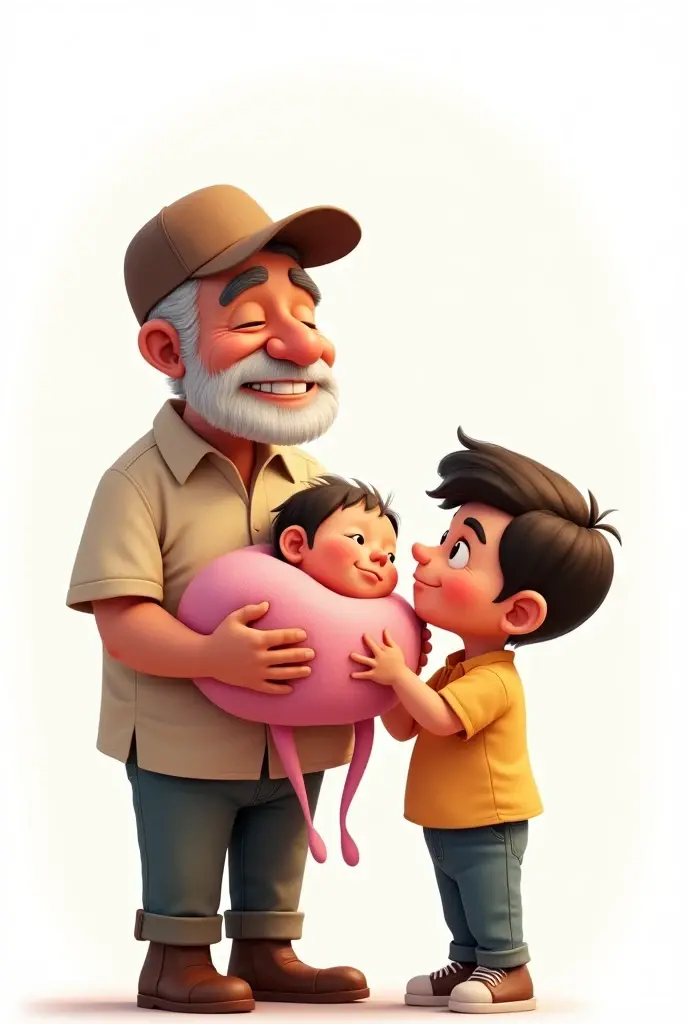 Cartoon young loving Mexican grandfather with cap without beard, with teenage male grandson and newborn female granddaughter in pink dress on a white background 