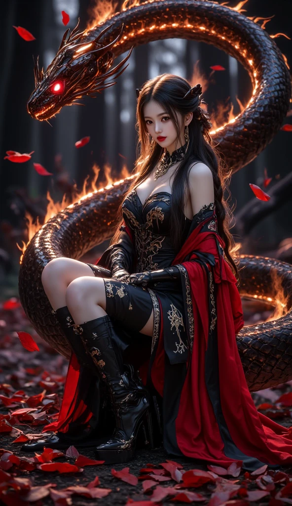 ((masterpiece, highest quality, Highest image quality, High resolution, photorealistic, Raw photo, 8K)), Dungeons & Dragons, A huge stone hall, A slide view of a female warrior fighting a giant dragon that breathes fire, 