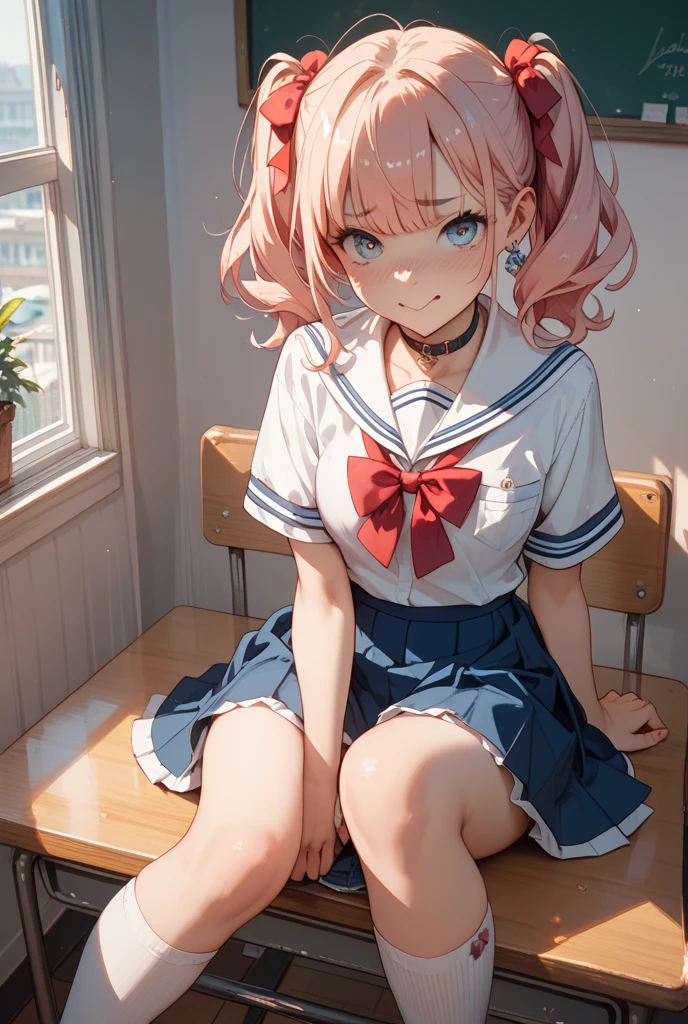 (Highest quality:1.24K, 8k, Studio Anime, Very detailed, Latest, Vibrant, High detail, High Contrast, masterpiece:1.2, Highest quality, Best aesthetics), (((1 Girl))), Sit and pose, JK, Sailor suit, Pleated skirt, loose socks, loafers, Please open your mouth a little:1.2, smile, Dynamic Angle, look up:1.3, Friendly atmosphere, Beautiful Hair, Shiny Hair, Beautiful Skin, Detailed face and eyes, Glossy Lips, Curvy Women, Striking contrast,