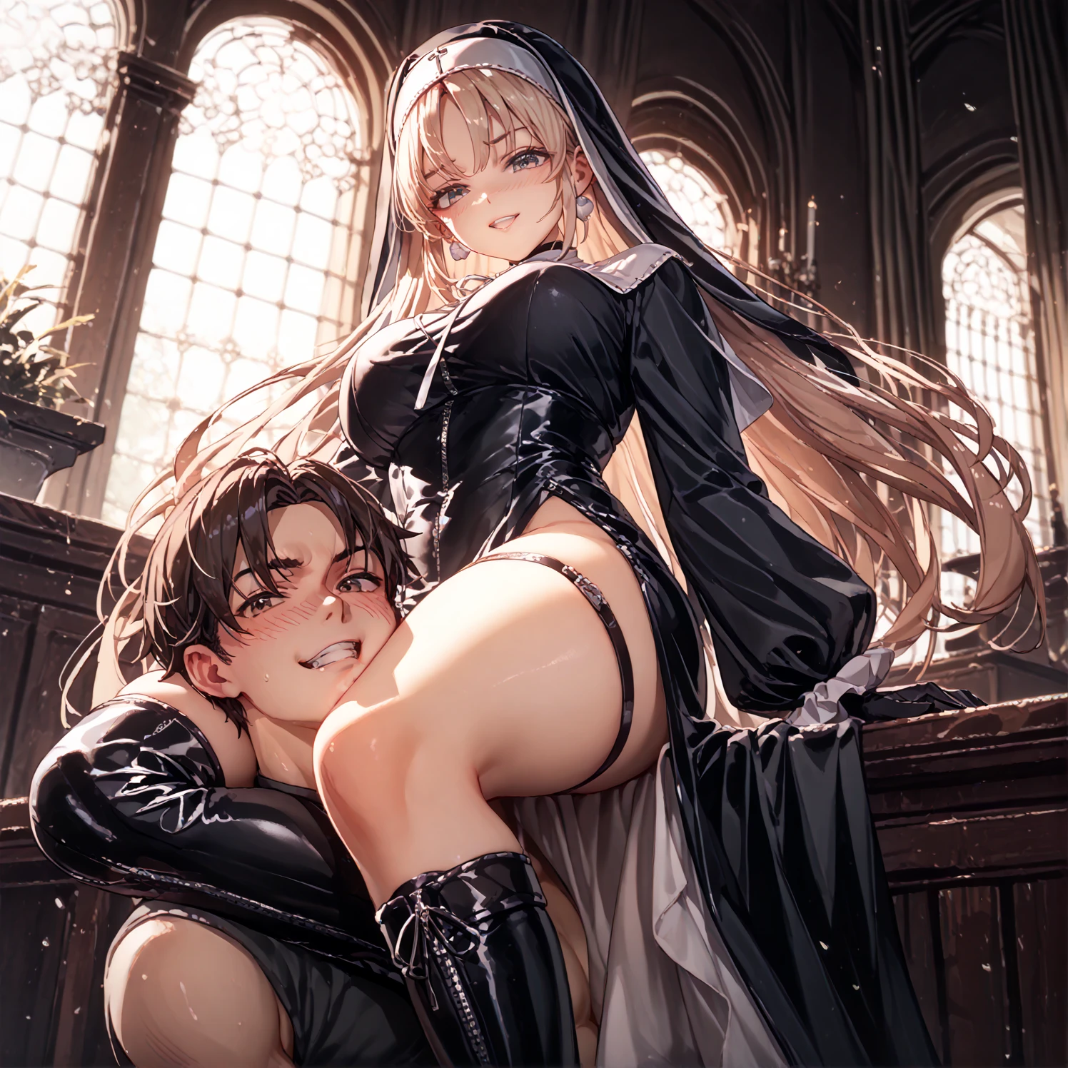 (((Woman,nun))),(((man touching a woman's Ass))),(huge breasts),((best quality)),(orgasm:1.2,intense ecstasy),(tears),(Sweat:1.3),(((open legs:1.2))),((at the church:1.1)),(skirt:1.1),(button-down,woman is wearing lace),(lace panty,skirt),(leather,Red,White clothing),(Squint eyes:1.2),(embarrassing:1.2,blush)