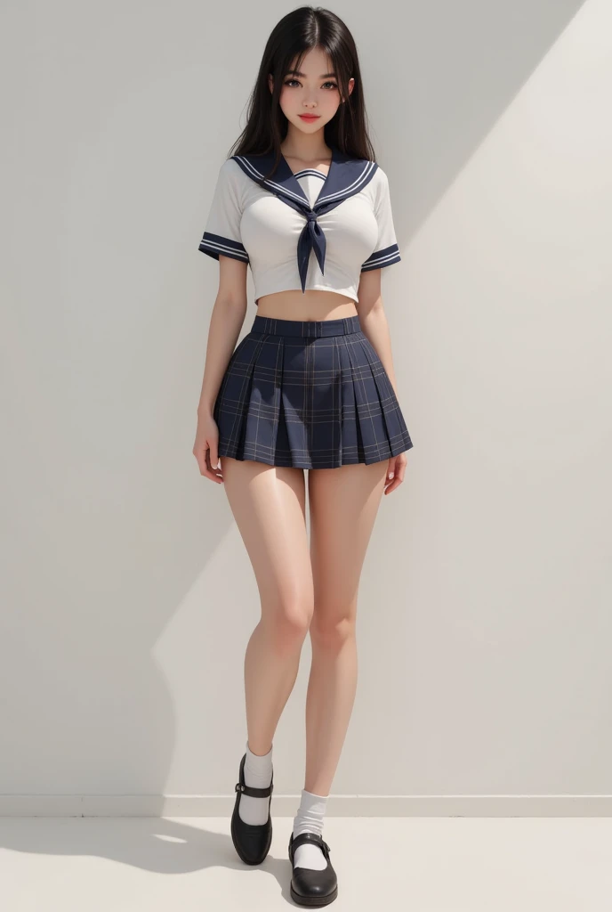 Highest quality、masterpiece、8K、Very detailed、Realistic、(Young face:1.2)、(Looks like an elementary school kid:1.2)、3 people、Looking at me with a smile、whole body、(Big Breasts)、Thin and beautiful legs、Tight and slim waist、Tight shirt、mini skirt、Short Hair、Erect nipples、forward leaning posture