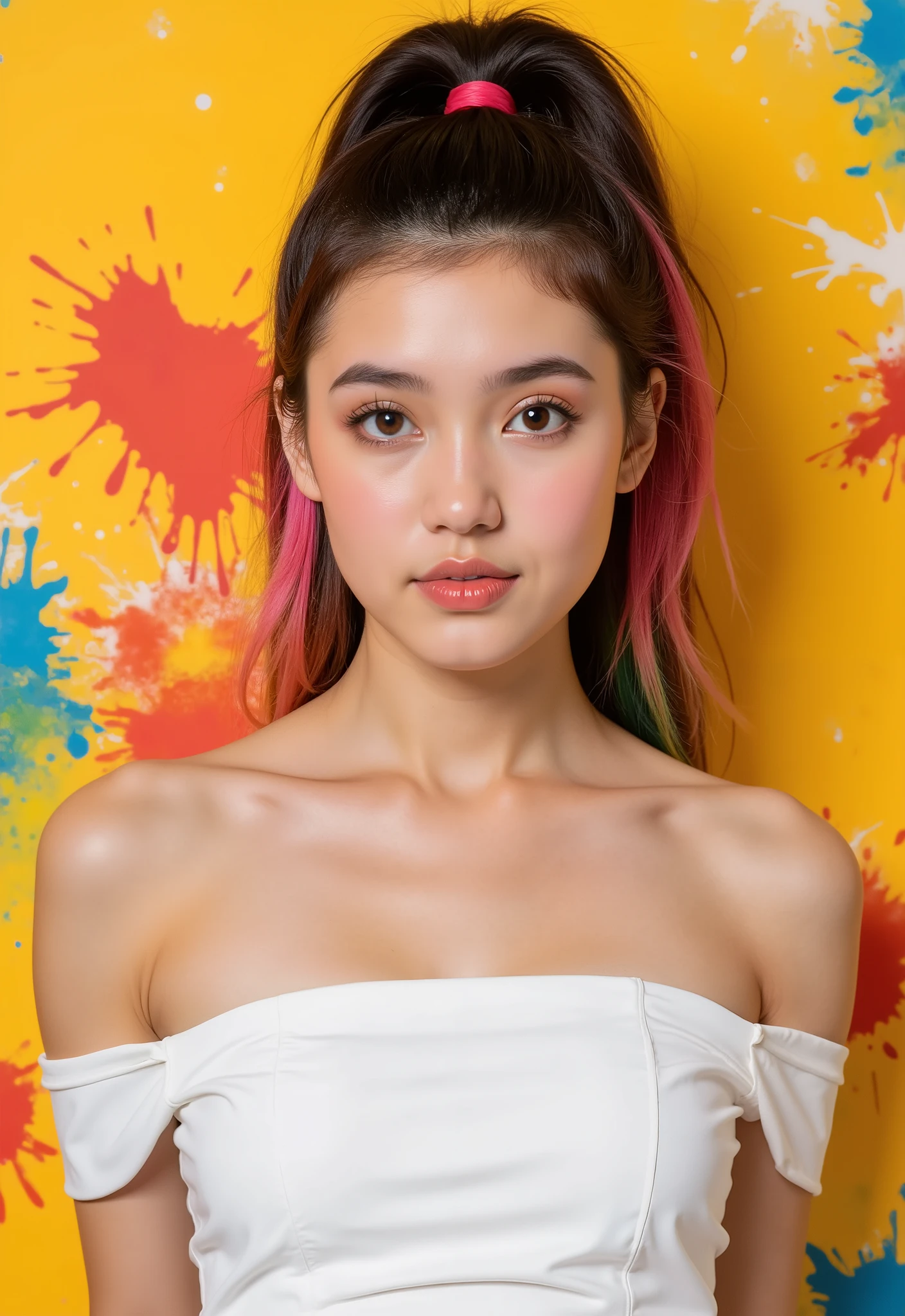 (solid background), ((thick acrylic pigment color splashes on a background and clothes, vivid colors of splash and thick paints):1.8), large crystal clear eyes, (high ponytail hair dyed with multiple vivid colors:1.6), (exquisite makeup, long eyelashes), (small fresh, wipe chest, perfect body, ************), (white off the-shoulders tight dress hand drawn on chest :1.2), (Highest Image Quality, Masterpiece, Depth of Field), (lovely smile, excited),