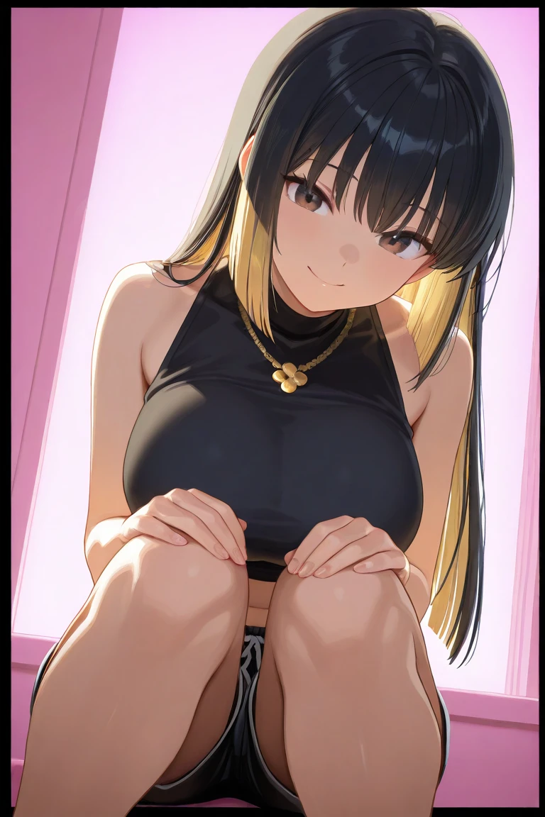 tall body, tall, long legs, mature female, mature, adult, Zombie apocalyspe background,eft_hotd_orange, 1girl, solo, orange hair, brown eyes,antenna hair, Big breasts, enormous large breasts, ponytail, long hair, big cleavage, ((loose tank top with cleavage)), (Tight yoga pants),Plump, Half eyes expression, Hoopa earring, ((silver chain tag necklace)), ((big Hoopa bracelet)), Long nail, eyeshadow,Sweat, (earPierce), Thick lips,Rei miyamoto,Perfect face,detailed face,eyes on viewer,Golden ring,Standing,,Gloss lips,Horny,Half eyes open,Soft expression,Wide hips,big Cross Earring,Soft expression,Confidence,Flirty,Curvy figure,Many gold rings,gold rings,spouty lips expression,Black girl,Tatto, topknot long ponytail hair,Solo,Tanned skin,Wide hips,Swaying hips,Standing pose,Oversize breast,Lipstic,Professional make up,Eyeshadow,Tight tights,Detailed face,untidy apartment room,Detailed hand,fullbody,High quality pitcure,