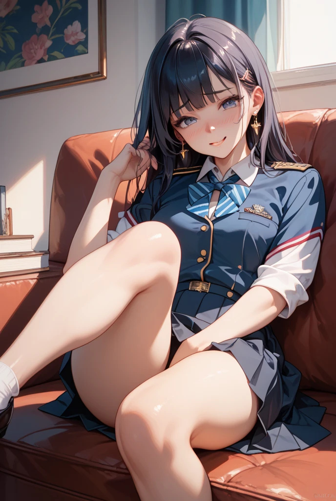 cabin attendant、large full breasts,which are full of confidence、(Blue long sleeve stewardess uniform)、、(ascot)、looking at the viewers、neat hairstyle, Friendly smile, high-heels, Airport runway, Airplane on background, Clear blue sky, A clear day