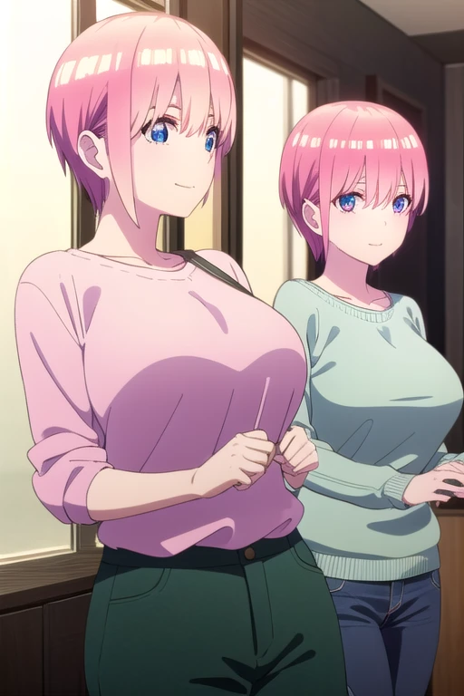 (masterpiece),(ultra-detailed), (high quality), (high resolution), (best quality:1.5, highres, UHD), highres, absurd, ultra detail, ultra quality, Ultra resolution, 16k, ((2heads:1.5)), (pink hair), (blue hair), (different hairstyles), violet eyes, casual wear, (purple turtleneck sweater), (sleeveless sweater), strong and confident expressions, ((kindergarten)), (smiling), ponytail, ((two headed girl)), hair ribbon