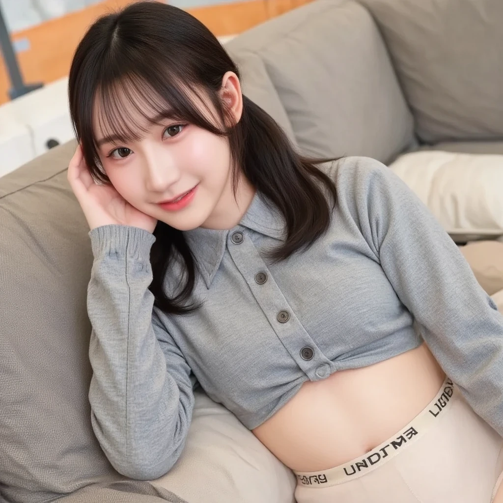 arafed woman sitting on a couch with a gray shirt on, taken with canon eos 5 d, taken with canon eos 5 d mark iv, belly button showing, her belly button is exposed, reluvy5213, taken with canon 5d mk4, taken with a canon eos 5d, taken with a canon eos 5 d