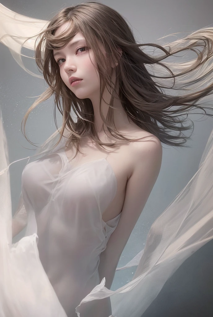 4K Ultra HD, masterpiece, A girl with a magical aura, Nice face, Long Hair, Shiny Hair, Fine grain, Glossy lips, Nude 1.5, Aura around the body, Magical Effects, Spreading white light, Cosmic elements and ethereal atmosphere, A mix of bright lights and colorful nebulae, Space Background,, Full Body Capture.Whitening、Silver Hair、(((Naked and wearing white cloth 1.5)))、Hair and fabric fluttering in the wind、(((２Girl 1.5)))