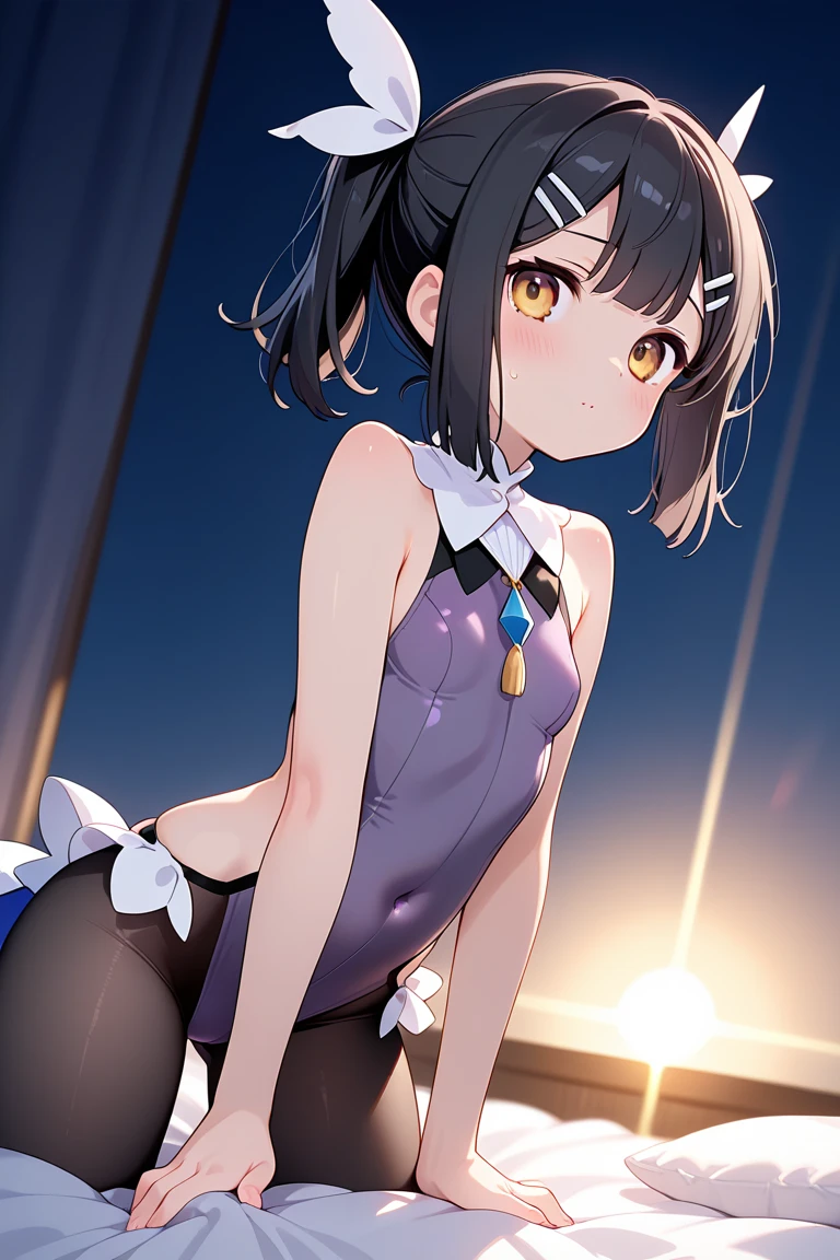 Soft Light, masterpiece, Highest quality,(finely detail),nsfw, armpit, (miyu edelfelt), wariza, from back, anus, clothes reflecting light, detailed body, brown eyes, hair between eyes, black hair, medium hair, hair ribbon, x-shaped hair ornament, small breasts, (erectile nipples), sidelocks, twin tails, kawaii, magical girl , clothing cutout, side cutout, detached long sleeves, (purple leotard), purple thigh highs, white cape, 1 girl, 独奏, (masterpiece, best quality, 8K:1.2), (high quality), (no skirt)