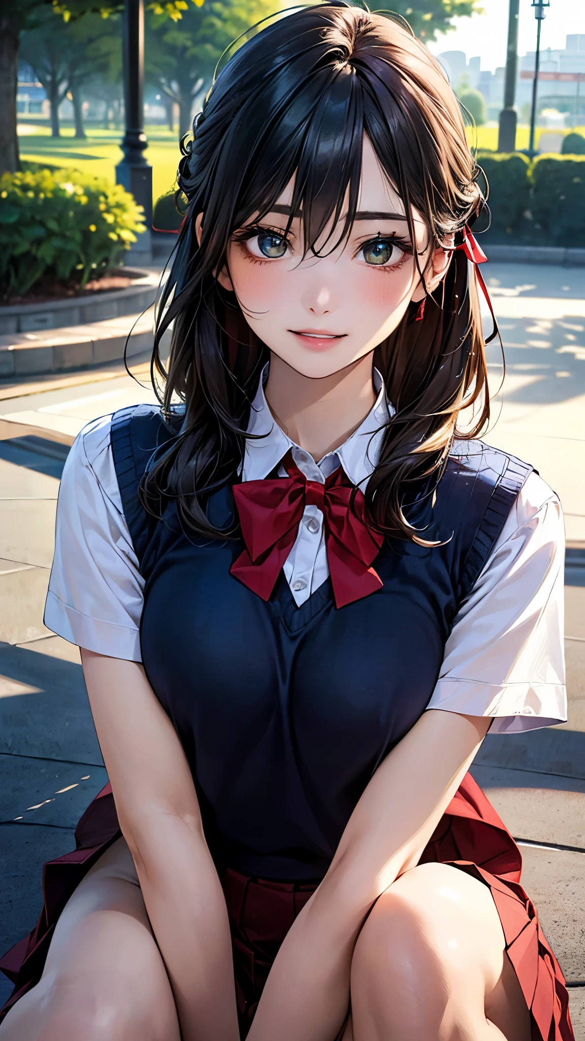 ((Highest quality, High resolution, masterpiece, detailed)),
View your audience, Written boundary depth, Anatomically correct, １people, female, Perfect Face, Cute and symmetrical face, Shiny skin,
(Medium Hair, Blonde), Chestnut brown eyes, Long eyelashes, (Large Breasts:0.8),
Beautiful details, Beautiful Hair, Beautiful Face, Beautiful clavicle, Beautiful body, Beautiful breasts, Beautiful thighs, Beautiful feet,
(Collared shirt, Blue pleated skirt, Red bow tie, Heart Necklace, Sexy Lingerie),
(Beautiful views), evening, walk, Tree-lined street, (Cute Smile), Spread your legs, Skirt Lift,