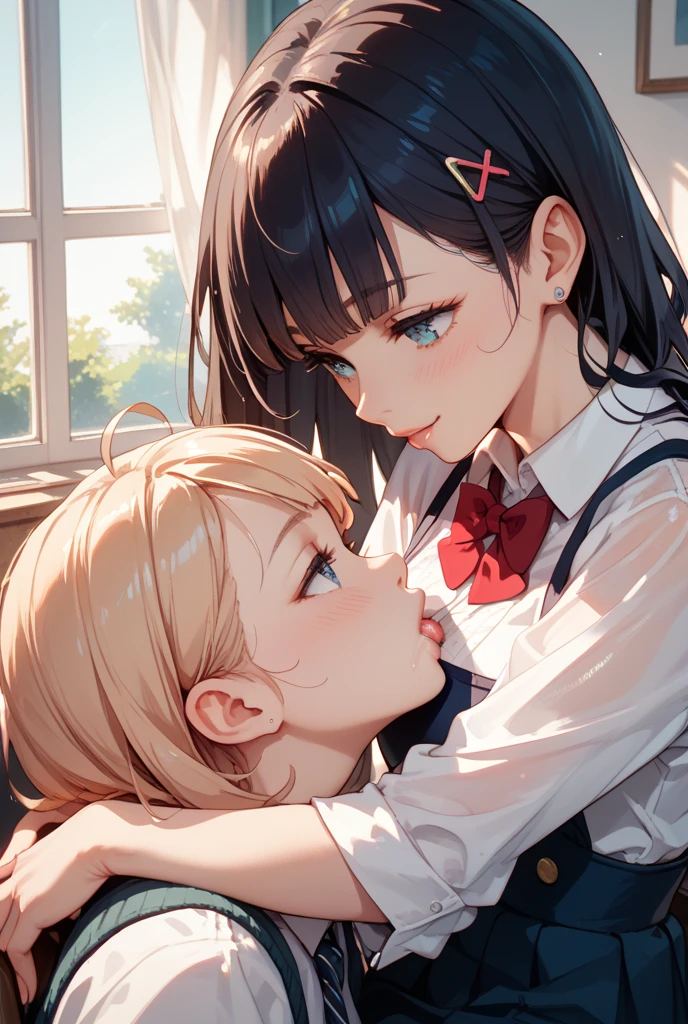 Browsing Caution、(Anatomically correct、masterpiece、Highest quality、Tabletop、Realistic skin feel、Detailed structure)、(((((Two beautiful girls, One has silver hair and white skin.、The other has blonde hair and dark skin.)))))、(((School uniform、White Shirt、Black Skirt)))、(((Lesbian、ディープkiss)))、((((Sweat、Body odor、Sweat染み、odor))))、(((Detailed vagina)))、(((Love Juice、Squirting)))、(((Put your finger in your vagina)))、((pubic hair))、(((Lesbian play with two people、Climax)))、(((blush、tears、Feels good、Panting、Drooling)))、(((Spread your legs)))、(((Covered in bodily fluids、soaked、Sticky)))、((Gazing at each other、kiss))、Angle from below
