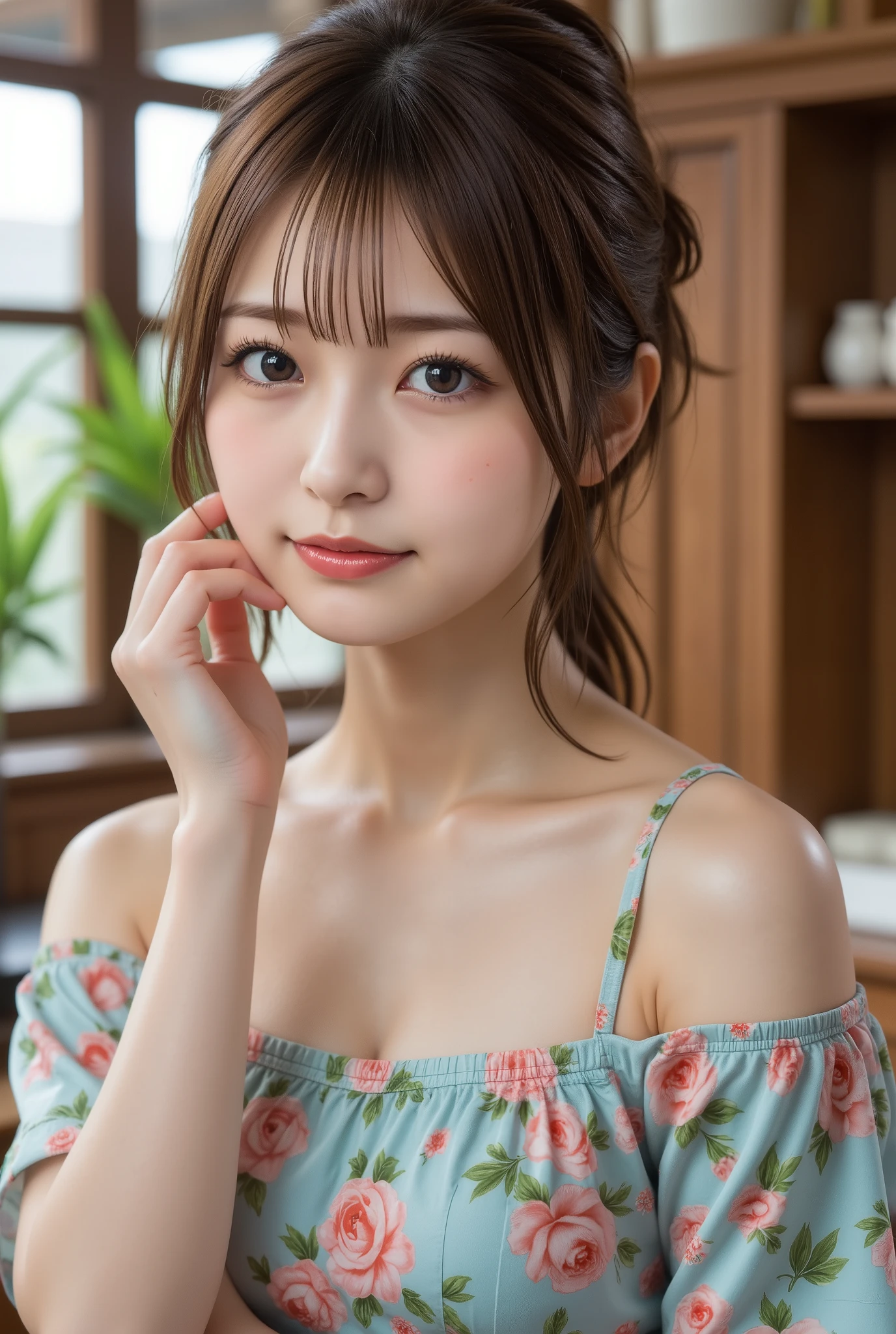 (Photorealsitic:1.4), (Top image quality:1.0), (超A high resolution:1.0), 8K, Raw photography, (​masterpiece:0.2), (pureerosface_v1:0.5)、(Best Quality Detail:1.2)、realisitic、8K UHD、hight resolution、(1girl in:1.2)、The ultra-detailliert、High quality textures、intricate detailes、detaileds、Very detailed CG、High quality shadows、Detail Beautiful delicate face、Detail Beautiful delicate eyes、depth of fields、Ray traching,1girl in, japanaese girl, Cute, slender, Kimono with Japanese pattern,Floral scrunchie, Beautiful skin, Facing the front,Sit down, Sit upright and say thank you,Align your hands elegantly,Smile faintly The Land of Japan,Japanese garden,Luxury Japanese-style room, skyporn, Magic Hour, (Realistic:1.3), Finely detailed, quality, (masutepiece:1.2), (Photorealistic:1.2), (Best Quality), (Intricate details), Dramatic, Ray tracing, photograph, +Lola