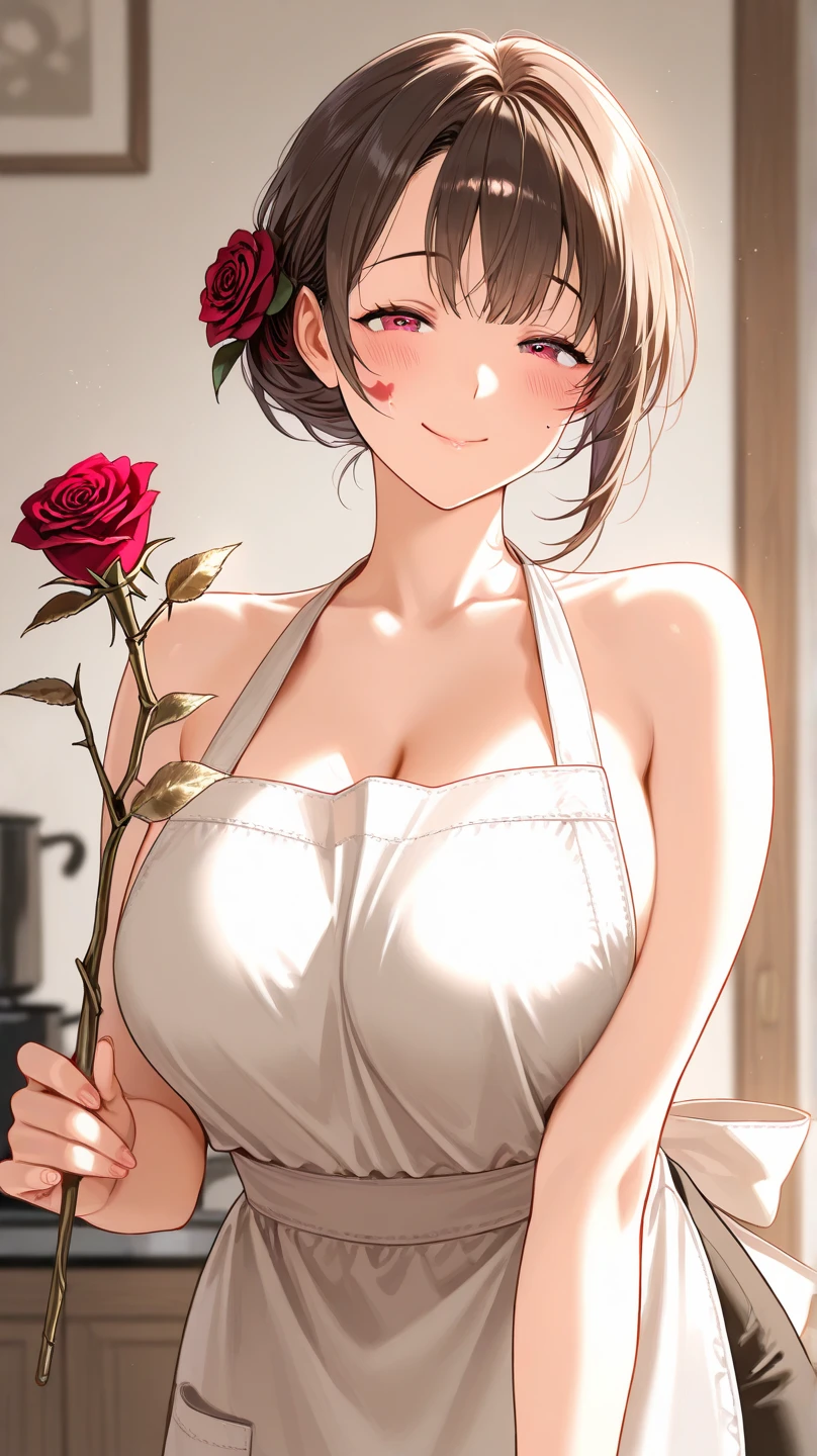 (from above:1.2),(from side:0.9), ((Face)), (Close-Up:0.4), ((looking at viewer, holding a bouquet)),(magazine cover:1.4), highest quality、(real、photorealistic:1.4),(ultra high resolution, 8K RAW photo, clear focus), best qualtiy, natural lighting, field depth, (Bright pupils, detailed beautiful eyes, high detailed face), Red lip, (tight focus:1.2, from below), sexy posing, seductive weak smiling, Looking at Viewer, Cinematic lighting, Perfect, softlight, High resolution skin:1.2, Realistic skin texture, body tired from sports、30 years old mature woman、a small face、beautiful-makeup、Makeup light、Shortcut Hair、dark brown hair、Bust b Cup, Amazing Cleavage, thin waist, big ass, Raised sexy, big breast: 1.2 posed cleavage:1.2、off shoulders、Sportsbra、legginullnude、cute wall background . 