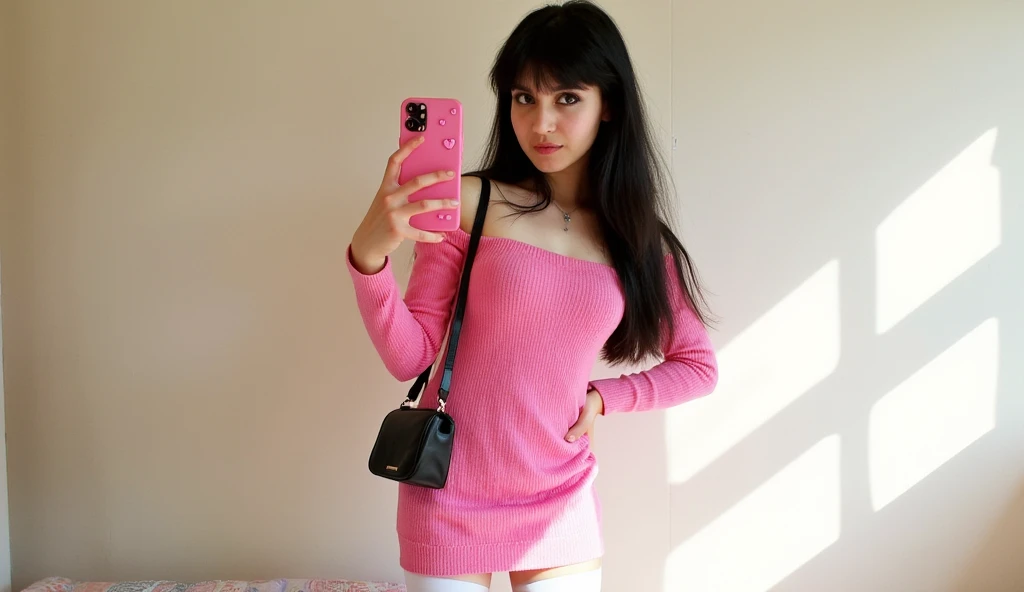 beautfull woman, Youngh, 20 years old, with red hair, brown-eyed, realisitic, with a pink dress with medium-length sleeves, taking a picture in the mirror of her purple room