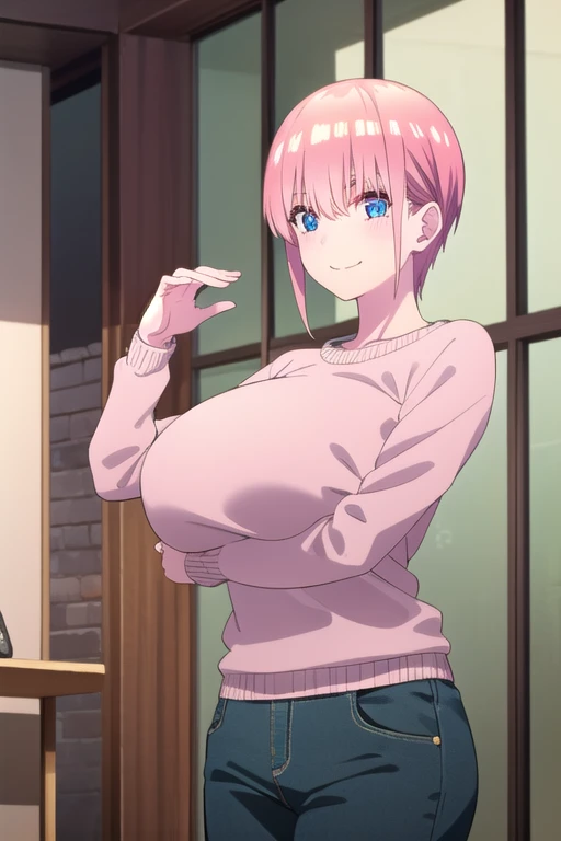 (Highly detailed CG Unity 8k wallpaper),(masterpiece),(highest quality),(Super detailed),(Best illustrations),(Best Shadow),(Absurd),   Michiyo, One girl, One big guy, Pink Hair, Sitting, sofa, smile, shirt, Open your mouth,（Round neck、Cleavage、Cleavageが見えるノースリーブマキシワンピ）, short hair, indoor, Place your hand on your stomach、（Huge breasts:2.5）、Milk tent、From before:0.7、