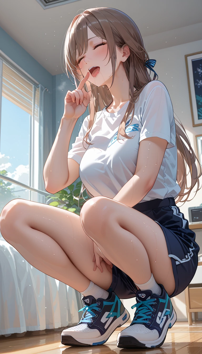 ultra - detailed, A high resolution, (actual, realistically: 1.4), 8K, RAW photos, (On a table), (Best quality), physically-based renderingt, college girl, Long brown hair, Korea, sea beach, unbutton your socks,look at them_The white_The shirt