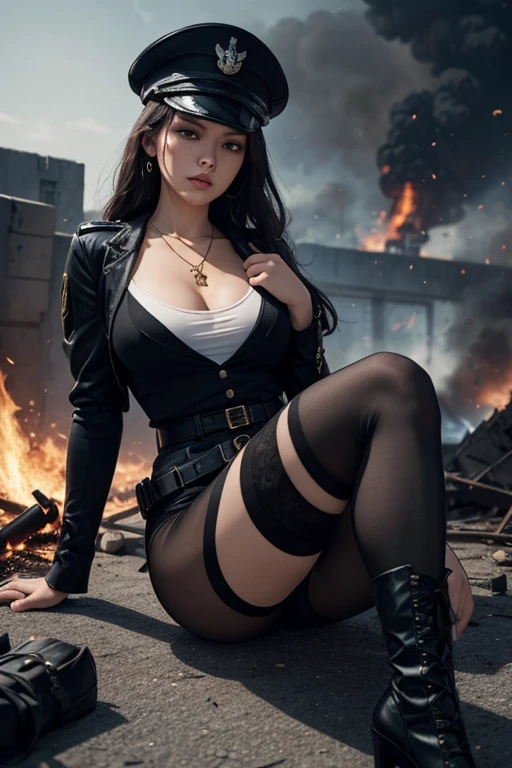 ((best quality)), ((masterpiece)), (detailed face), ((perfect face)), ((best quality)), ((masterpiece)), (detailed),((Big tits)),asian girl, mortal kombat, milena style, stockings, high heels, perfect leg, mortal kombat backgroung, smoke, purple fire big boobs, smoked skulls at background, fire, burning, more smoke, black leather , more fire, ((burning village in the background)), ((stocking)), sexy, corset, cyrstal balls, lightning