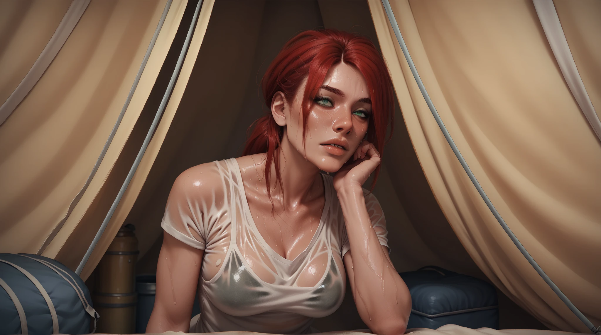 A beautiful detailed girl with red hair and purple eyes, laying on the ground on her side, wearing a sleeveless purple and white kimono with cleavage, one breast exposed, drooling on the ground, (best quality,4k,8k,highres,masterpiece:1.2),ultra-detailed,(realistic,photorealistic,photo-realistic:1.37),detailed face,beautiful detailed eyes,beautiful detailed lips,extremely detailed eyes and face,longeyelashes,portrait,anime,soft lighting,vibrant colors,dramatic lighting
