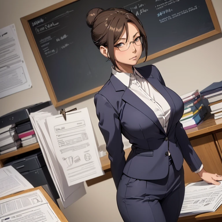 (masterpiece, best quality, detailed illustration, high resolution), ((1girl, solo)), ((huge breasts, slim waist, long legs, fit body, toned body)), ((brunette hair)), ((business suit, pants)), ((full body, closeup view)), ((standing)), ((looking at the viewer, facing the viewer)), office setting, ((tanned skin)), oiled skin, ((large breasts, mature woman, mature female, mature lady)), ((single hair bun)), (detailed eyes), ((standing)), ((good eyes, better eyes, expressive eyes)), (glasses)