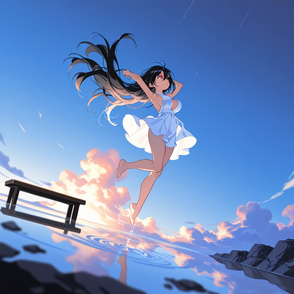 Completely nakedの女の子、Jumping off a cliff into the sea、blue sky、Angle from below、Flying with arms and legs outstretched、Completely naked、Nipples、pussy、Long Black Hair、Long limbs、Adult women、mature
