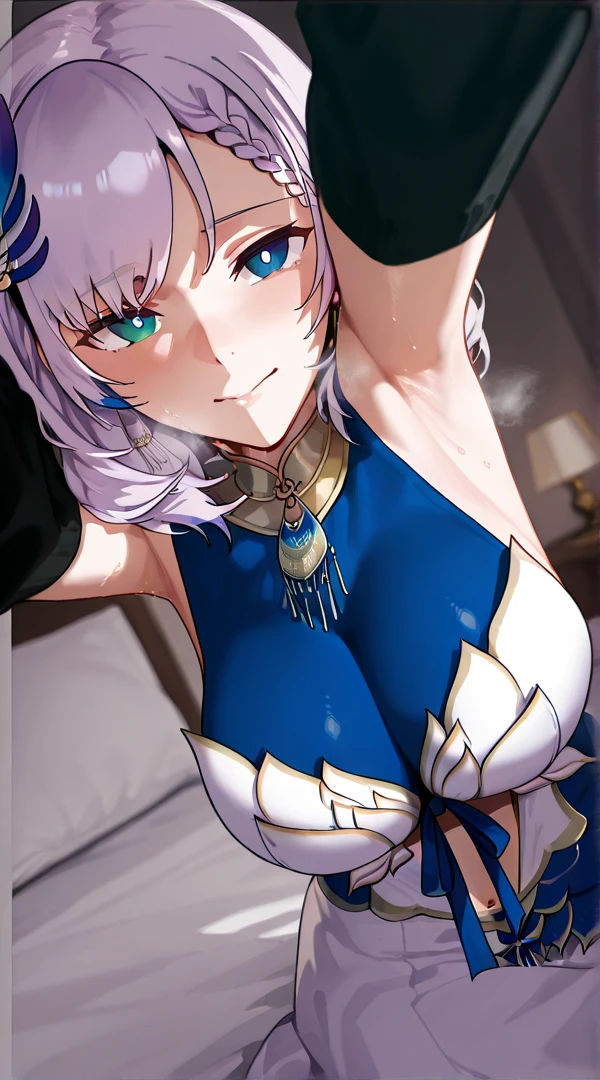 bedroom, Score_9, score_8_up, score_7_up, score_6_up, source_anime, rating:general, 1girl, slutty_clothes, white skin, front view, looking at viewer, on all fours, showing the ass, ass up, hands on ass, spreading legs, sexy smile, 1 girl, kama (fate), cleavage, long hair, blue lipstick, erotic, red eyes, tall and busty, blue long leg thong, blue long gloves, blue thighs, arousal, high quality, wallpaper