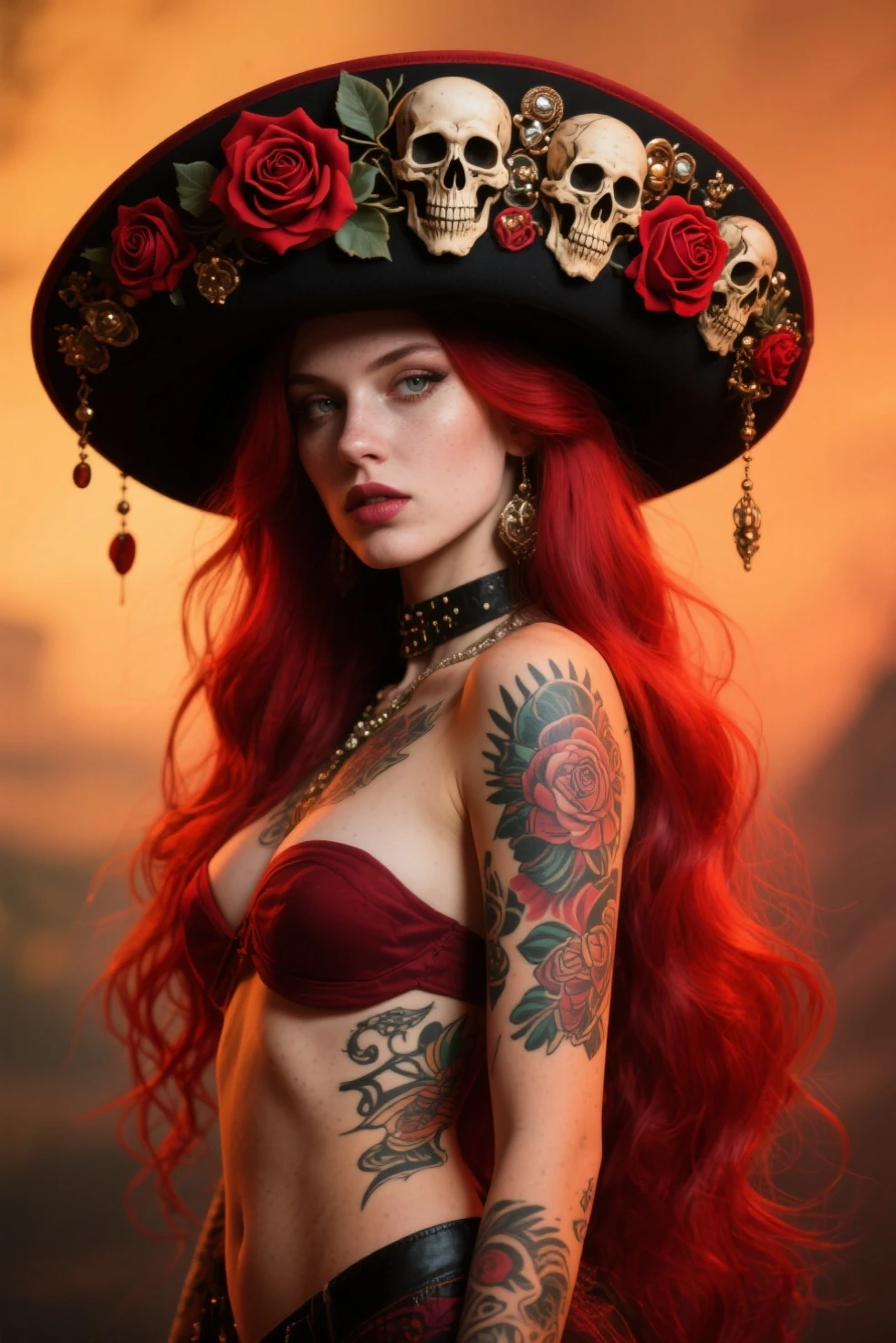 Gorgeous european woman with short hair, braided hair, wet hair, hair slicked back, combed straight back, slick hair, red gradient hair, dressed as a gypsy pirate, small pirate hat, jewelry, cleavage, glamour, solid dark grey background