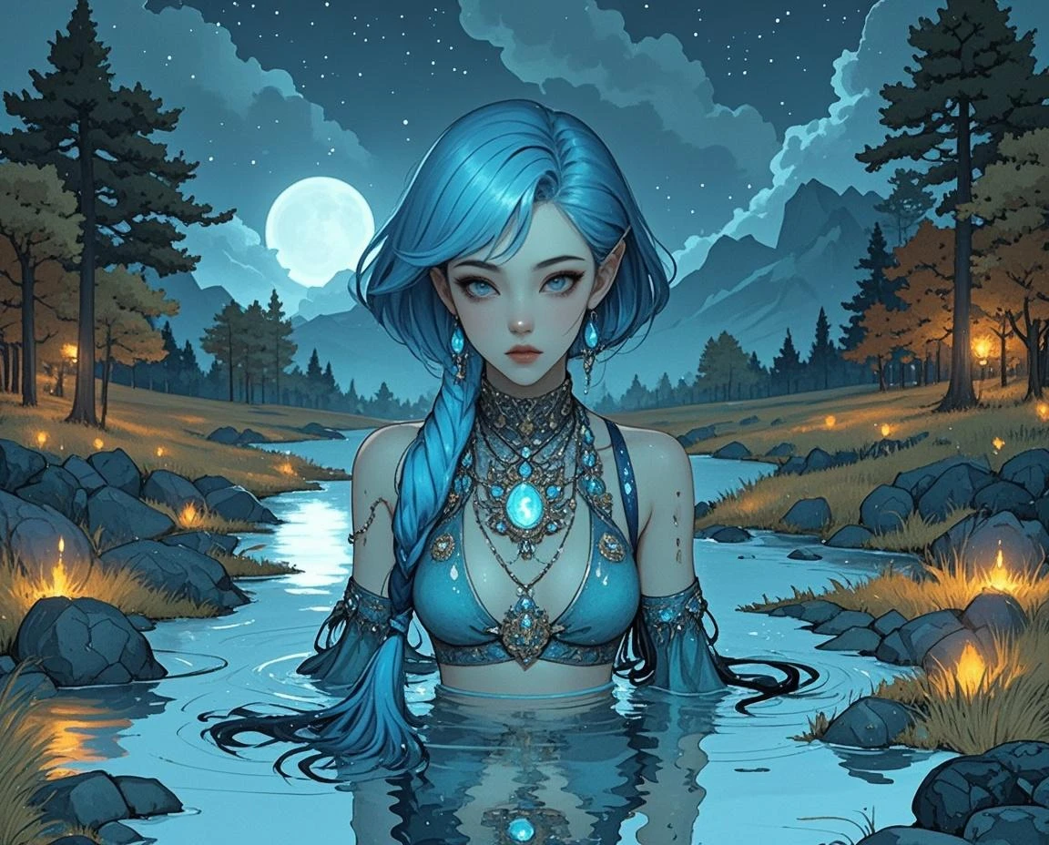 bioluminescent, medieval, portrait, (adult woman), (1girl, solo), (revealing dress), ((small breasts)), ((muscular)), abs, navel, (aqua blue hair, medium hair), (dark blue eyes), (parted lips, sensual, seductive), freckles, detailed skin, ((landscape, city, river, night, moon)), water, (best quality, high detail), ((masterpiece)),   <lora:Cha - Anna v2.0:0.8> , (anna of arendelle),