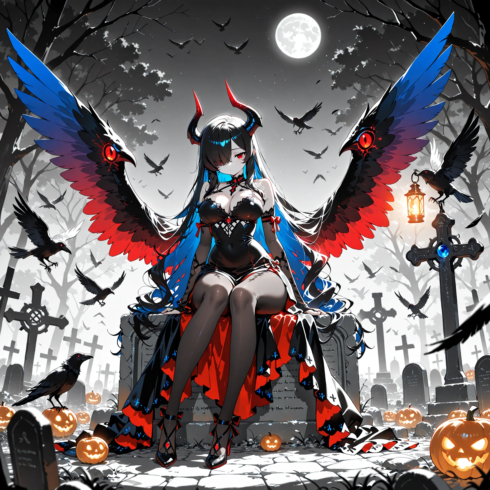 (EyesHD:1.2), masterpiece, best quality, ultra-detailed, very aesthetic, sharp focus, depth of field, vibrant colors, ray tracing, best lighting, detailed illustration, detailed background, cinematic, beautiful face, beautiful eyes,  wings on an old gravestone, 1girl, Kuroki Monika, black hair, very long hair, hair over right eye, red eyes, large breasts, (petite but curvy, very cute), tombstone, solo, horns, pantyhose, wings, graveyard, black dress, dress, sitting, breasts, bridal gauntlets, high heels, halloween, black footwear, crow, raven, lantern,((Anime illustration)) ((Masterpiece)) ((Highest quality)),,,Monami, spot color, hatching (texture),shadow play,double exposure,gradient color,silhouette