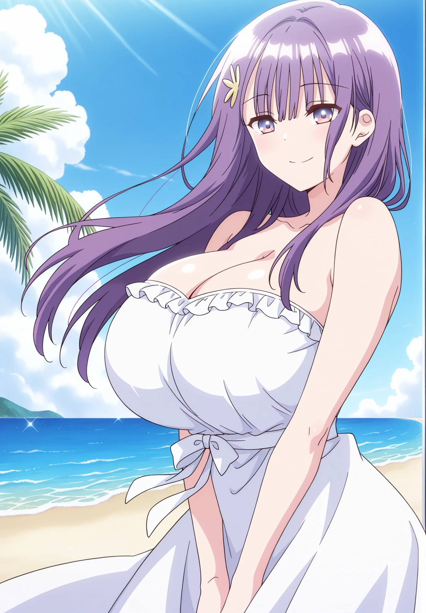 A 6-year-old girl with big breasts, plump body, round, dressed in a purple wedding dress, lace bikini, on the beach, wearing glasses, wearing a thin tulle