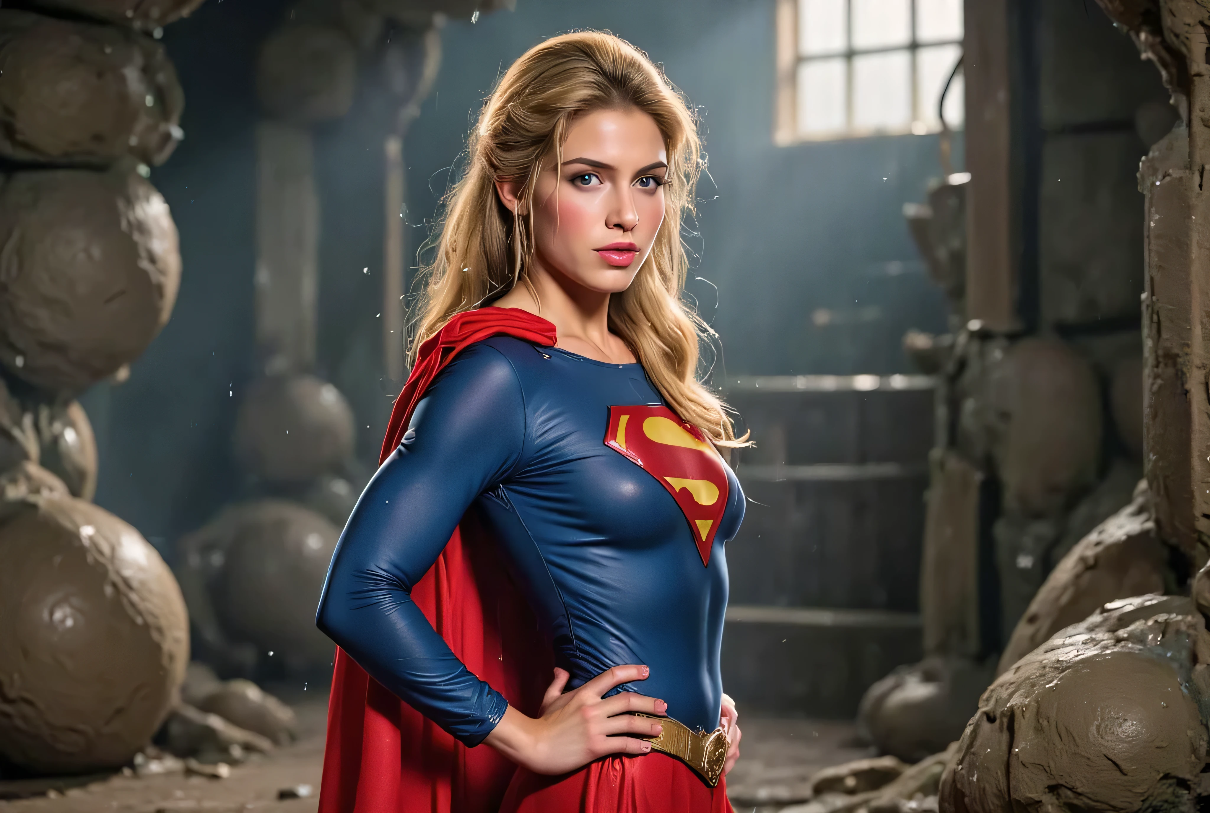 full size of helen slater standing pose with 1980s supergirl costume in a peril situation , magical bacground