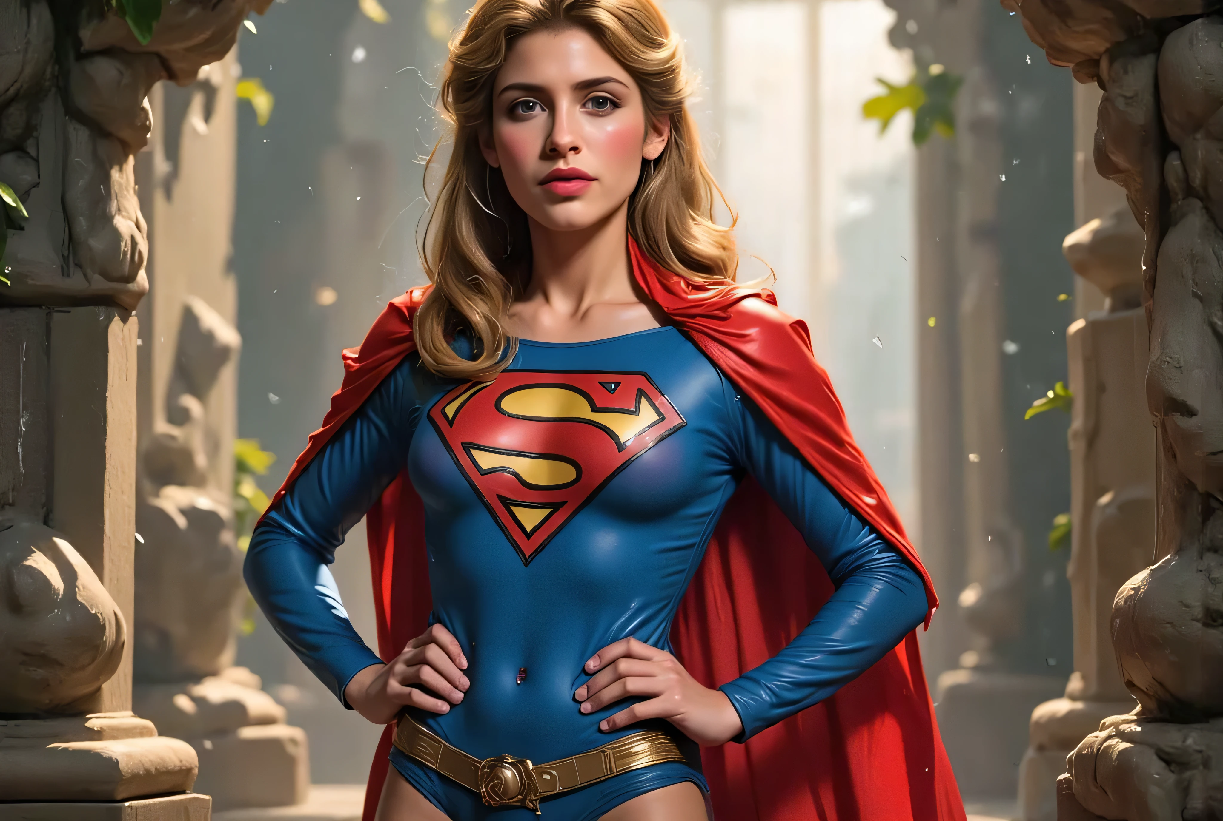 full size of helen slater standing pose with 1980s supergirl costume in a peril situation , magical bacground
