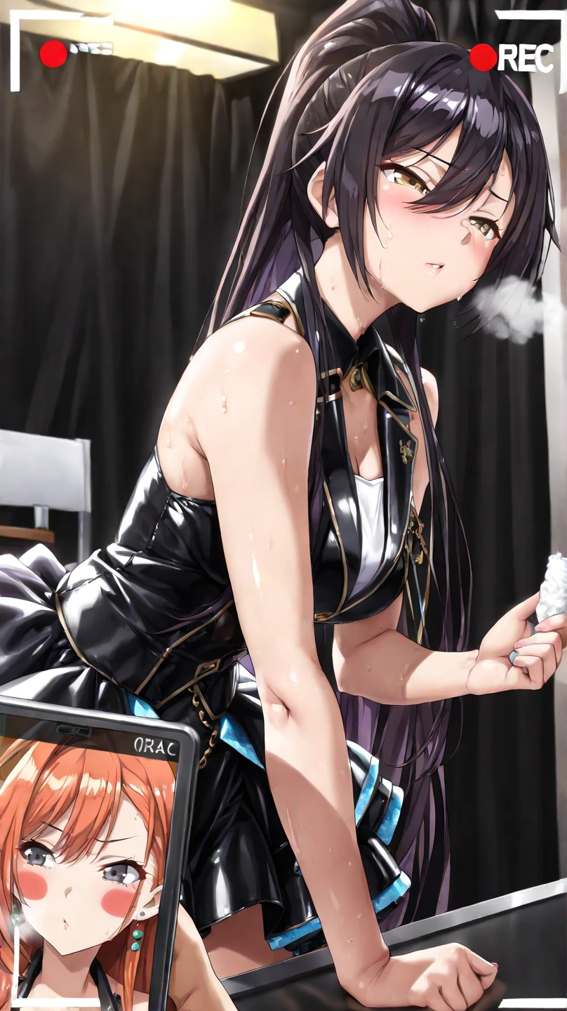 (((NSFW)))、((Masterpiece, Highest quality、Super detailed, Attention to detail))、Tabletop、girl、((high school girl、Black Hair、(Very Short Hair)、Slit eyes、Red Eyes、eight-headed body、Model-like style、Slender、School uniforms))、(White Shirt、Black Skirt、Black knee-high socks、Black Loafers)、Silver earringultiple silver accessories、Silver Ring、Silver Ring、bandギャル、(((Red electric guitar)))、(((liveハウス、live、band、Dim lighting)))、(((Standing and playing guitar)))、((live、Playing the guitar、On stage))、((No bra、No underwear))、(((Sweating a lot、Sweat dripping、Sweat vapor)))、(((Wet Hair)))、(((Body odor)))、((Sweaty smell、Clothes get wet、Sweat stains))、((((Love juice overflows from the vagina))))、((I can see the vagina))、((Skirt flipped up))、smile、((((Dildo in vagina))))、(((Beautiful legs、Back view、Full body photo)))