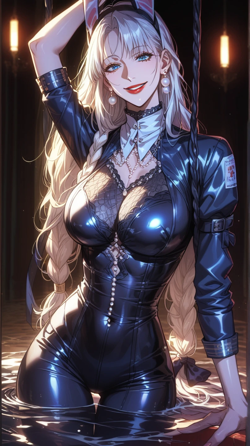 (high quality, 8k, 4K, high contrast, artwork:1.2, high quality, best aesthetics), (centered), ((1 woman)), erotic, sensual, mature body, sexy woman, super detailed, beautiful face detailed, beautiful eyes detailed, detailed beautiful mouth, perfect breats, perfect thighs, (long wavy white hair), (blue eyes), (piercing gaze), (looking at viewer), (standing), (front view), (open black leather jacket with plain white shirt underneath), (black jeans), (metal arms), (inside a bedroom)