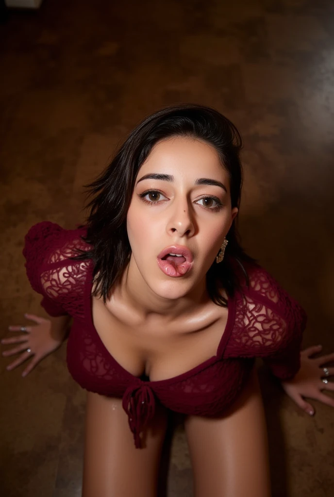 Top down view,T4mm,long face,sexy busty milf,Masterpiece, close up of a average size woman in a sexy ((blowjob)) ,kneeling down, very seductive pose, close body shot, stylish pose, sexy girl, beautiful pose, sexy pose, very sexy pose, gorgeous lady, chest up bust shot,(( 33 year old)), black, popping out, seducing expression, big cheeks