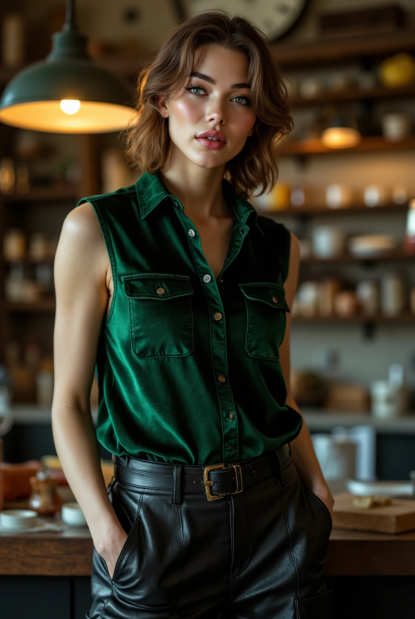 full body image, woman wearing a green velvet sleeveless button down shirt and oversized baggy leather cargo pants with a belt, fully stocked vintage kitchen