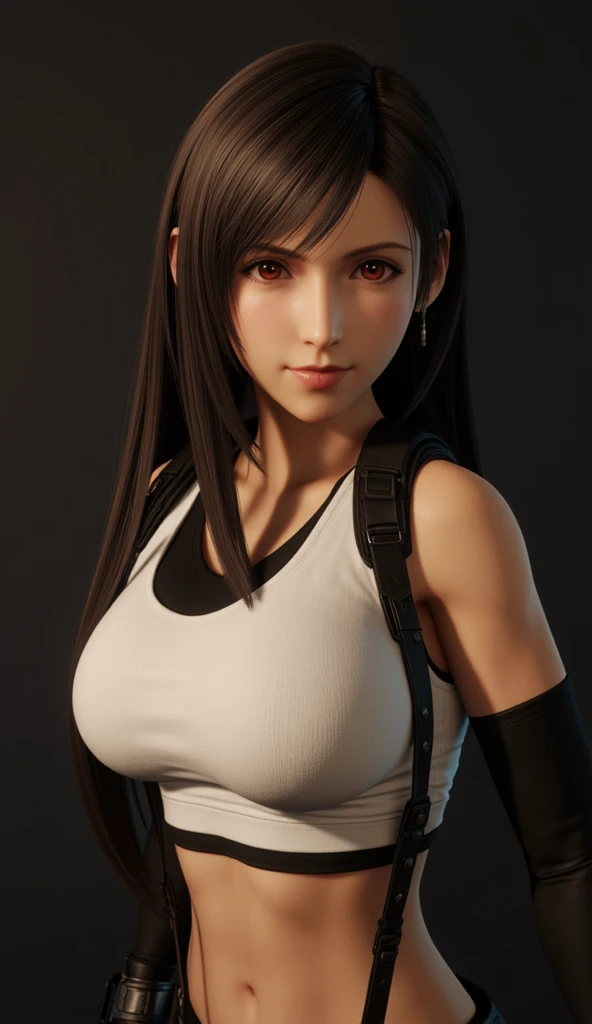 best quality, masterpiece, upper body,
(adult:1.6) hungarian woman, (smirk:0.4), arms behind head,
(photorealistic:1.4), (masterpiece, sidelighting, finely detailed beautiful eyes: 1.2), tifa, final fantasy 7 remake, (1 girl),((a solitary person)),shade of brown hair, a lot of sweat, masterpiece, ultra realistic 8k cg, very long hair, beautiful , , reddish brown eyes, (hard lights, hard shadow, key light, key lights), left only earpiece, stick earpiece, red earpiece, {one earpiece}, left earpiece, shiny skin, lace, lace trim, clean, beautiful face, pure face, pale skin, long hair, shiny skin, skindentation,workout clothes,is exercising,There's no one in the background,