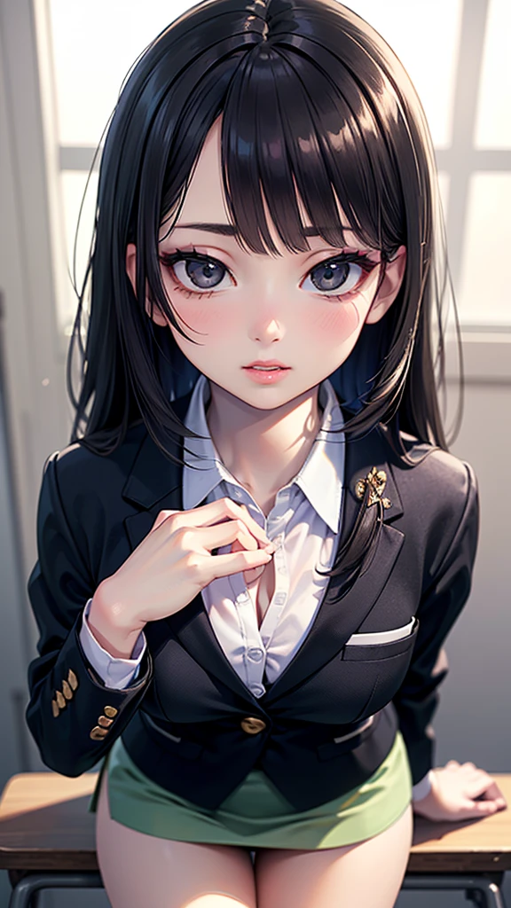((Highest quality)),(超High resolution),(Very detailed),(Detailed Description),((The best CG)),(masterpiece),Ultra-detailed art、(Highest quality、8k、32K、masterpiece)、(Realistic)、(Realistic:1.2)、(High resolution)、Very detailed、Very beautiful face and eyes、1 female、Tight waist、Delicate body、(Highest quality、Attention to detail、Rich skin detail)、(Highest quality、8k、Oil paints:1.2)、Very detailed、(Realistic、Realistic:1.37)、Bright colors、Beautiful Japanese Woman、Detailed face、Smooth Skin、Big Breasts、"A woman working at a department store in the near future、Work in an elegant and modern retail environment。she、Wrinkle Resistant、Antifouling、Breathable、A fitted navy jacket made from temperature-regulating material.、Dark Gray、Burgundy、Alsoはブラックのジャケットを着ています。Jacket has metallic buttons、Elegant details on the cuffs and collar、There is an inner pocket。Below is the、スタイルと動きやすさを兼ね備えたホワイトAlsoはパステルカラーの吸湿速乾性ブラウスを着ています。ジャケットに合わせた膝丈のタイトスカートAlsoはAラインスカート、Or wearing tight-fitting straight or tapered pants.。靴はブラックAlsoはネイビーのローヒールパンプスAlsoはフラットシューズです。sheシンプルでエレガントなメタリックバックルのベルト、Silk scarves that match the colors of department stores、Accessorize with understated jewelry and a watch。Also、They also wear name tags and smartwatches that can be used for contact and schedule management.。she顧客に対応したり、Arranging products on shelves、I work behind a stylish and modern cash register.。((In a bright and sophisticated department store environment、Surrounded by luxury merchandise and digital displays。))"