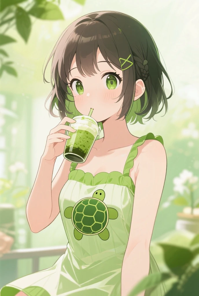 (masterpiece, ultra high res, best quality:1.3), (Jet black eyes:1.3), (yellowish-brown skin tone:1.0), Sleek straight bob, light blue hair, pensive, large breasts, from above, portrait, girl, cleavage, South Korea, Tourism, Boseong Green Tea Fields, vast tea plantations in Boseong known for their scenic beauty and green tea production.,,