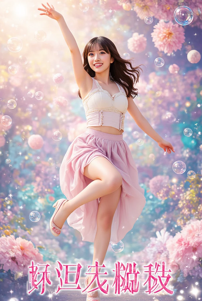 A high-resolution professional music poster featuring a cheerful Japanese female anisong singer in a stylish outfit. She wears a long skirt reaching her knees, designed with a modern anisong idol aesthetic — sweet, colorful, yet with a cool twist. She is mid-jump, smiling brightly, full of energy and passion. The background is a vibrant anime-style scene with soft pastel tones, floating bubbles, and sparkling highlights. The backdrop blends fantasy and musical excitement, evoking a dreamy yet powerful feeling. The lighting is radiant and dynamic, perfectly capturing the mood of an anisong concert.

Include a beautifully styled title at the bottom in both English and Japanese fonts.
