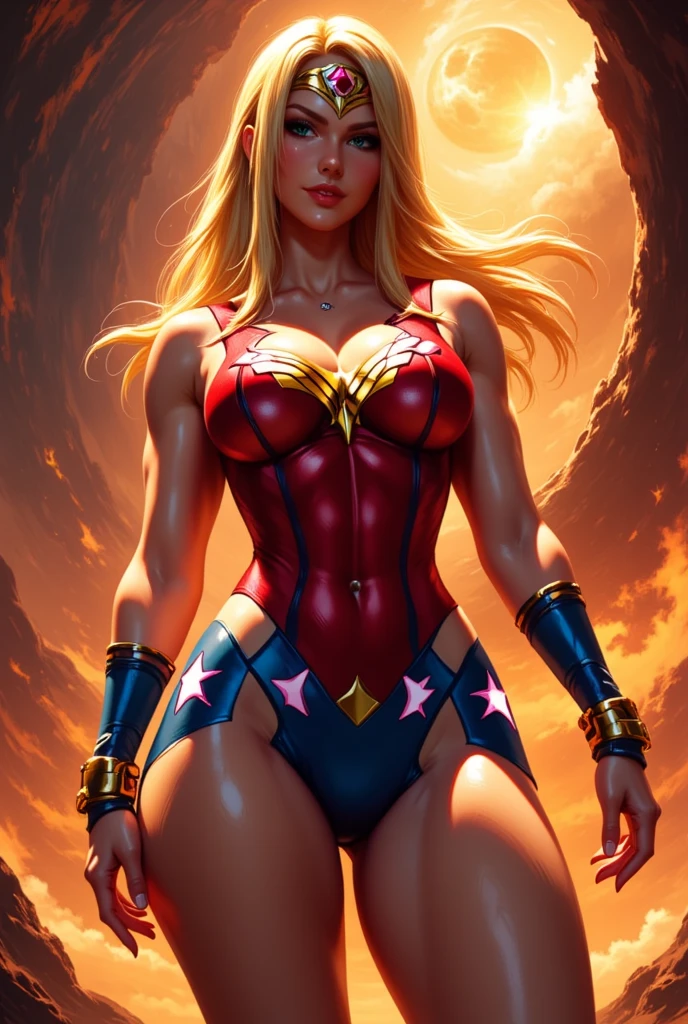 wonderwoman, long long gorgeous shine blonde hair, slender body, latex, leotard, bright red costume, ((blown away)), enveloped in heat hell, red heat, (received heat bullet), (burning air), dark red space distorted, cruelly, (painful), helpless, (screaming in pain), eyes closed, holding on, crouching, gritting teeth, suffering, leaning back, shrimp warping, (lying face up), spreading hands, lifting feet off the ground, being blow through the air, seen many explosion, explosion nitting her, hair swaying in hot air, in underground base 