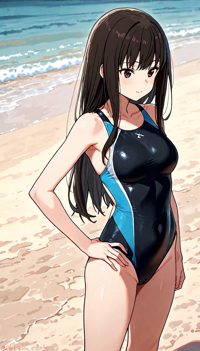 Hailee Steinfeld in short black two-piece swimsuit, posing as a model for a photo, con un fondo de playa y con una sonrisa, cuerpo esbelto
