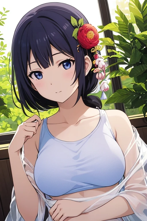 best quality, masterpiece, high resolution, Solitary, {toxic_Denner_Fude Industry Association:1.15}, Black_hair, Double tail, blue_Eye, hair_decorate, blush, Thick_Eyebrows are very, Awak, 1 girl, blue_Daisy空, cloud, shirt, Daisy空, Daisy, Outdoor sports, short_sleeve, White_shirt, up_Body, clavicle, Hair ring, Deactivate_Eye, Watching_Shown in_Peeping at the audience,(((Bikini))), (((WhiteBikini))),(Grab the breast:1.4),