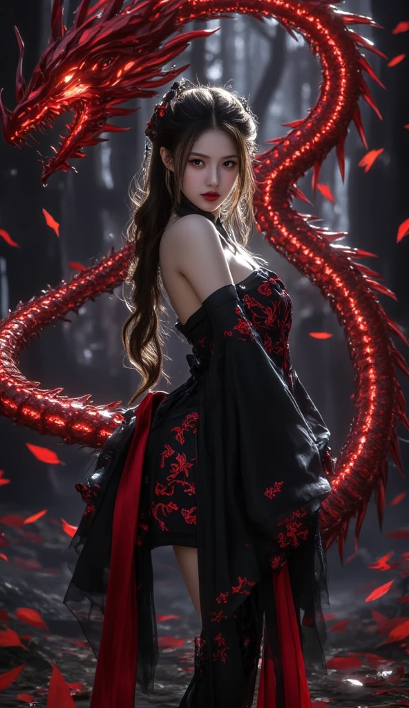 absurd, highres, ultra detailed, (ultra-detailed background, detailed background), extremely detailed, 1girl, demonic woman, red skin on arms, bouquet of black flowers, (zentangle:1.2), (geometric:1.2), colorful, full body, sexy pose, short clothes, dragon tattoo, stars, tiny thong, almost naked, muscular, perfect body, vietnamese ornaments, demon of japanese culture