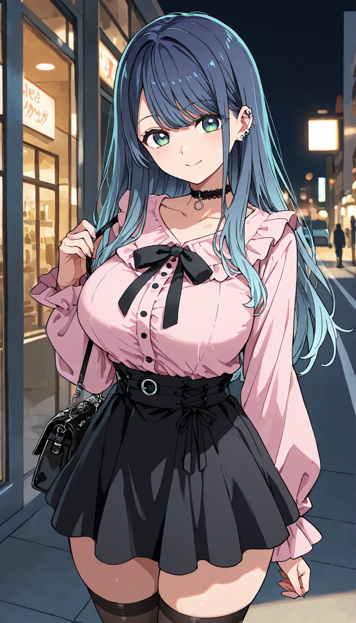 1girl, jirai_kei,character illustration ,Kurokawa Akane Kurokawa Akane、 (blue hair、two tone,long hair, eyes mixed with black and light blue , perfection , Big Breasts ,frilled pink blouse. short puff seeves, choker, piercings, high waist brack skirt, black thighhighs, small bag, back ground sinjuku