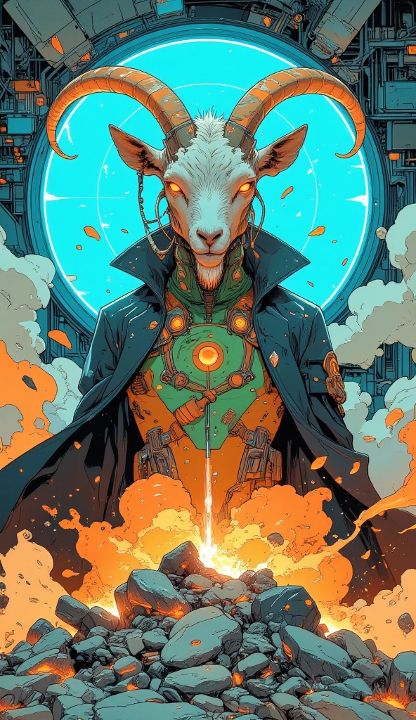 (Front view, Colored sketch, Cool colors, Ultra-detailed), Some drawings of a hero who is a goat with green and orange uniform and black overcoat, Serious in the middle of the explosion, near mystical portal of fluorescent blue energy, Anatomically correct, Intricate details, Depth of field