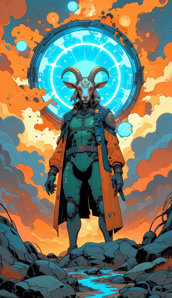 (Front view, Colored sketch, Cool colors, Ultra-detailed), Some drawings of a hero who is a goat with green and orange uniform and black overcoat, Serious in the middle of the explosion, near mystical portal of fluorescent blue energy, Anatomically correct, Intricate details, Depth of field