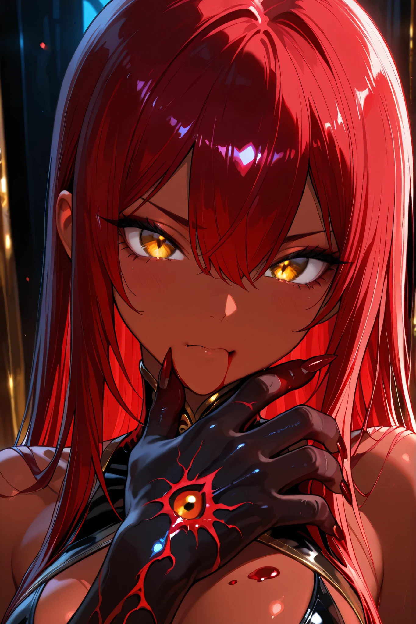 (close up Demon hand :1.4) ,dark skin:1.1 ,sharp nails ,beautiful nails ,beautiful screen lighting ,Trans parent , ,masterpiece ,best quality ,amazing quality ,Droopy blood:0.1 ,XUER guangying, Detailed nails, pulsating blood vessels:0.1 ,Hires upscale: 1.5, the demonic hand grasps the chin of a young woman, scratching the flesh with its nails, 1 girl , golden eyes , very long hair , long sidelocks, red hair, petite , very cute , beautiful ,Straight hair, cool, handsome, hair between eyes, sexy, female, medium large breasts,